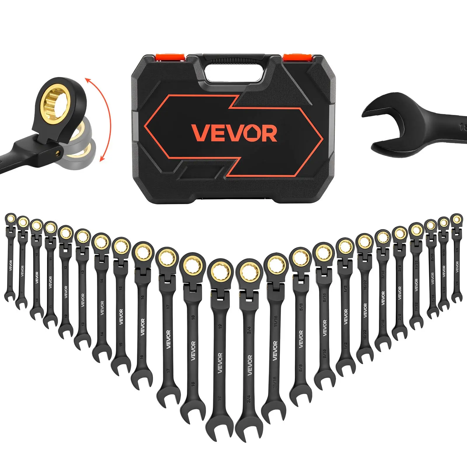 【DealsForYouDays】VEVOR 24-Pcs Flex-Head Ratcheting Wrench Set - Auto Repair Tools, DIY Projects, 180° Flex Head, 72-Teeth Cr-V Steel SAE/Metric Mix, 8-19 mm/Inch, Oily Environments Durable, 9.57 Lbs/4.34 Kg, Storage Case Included, Black, M