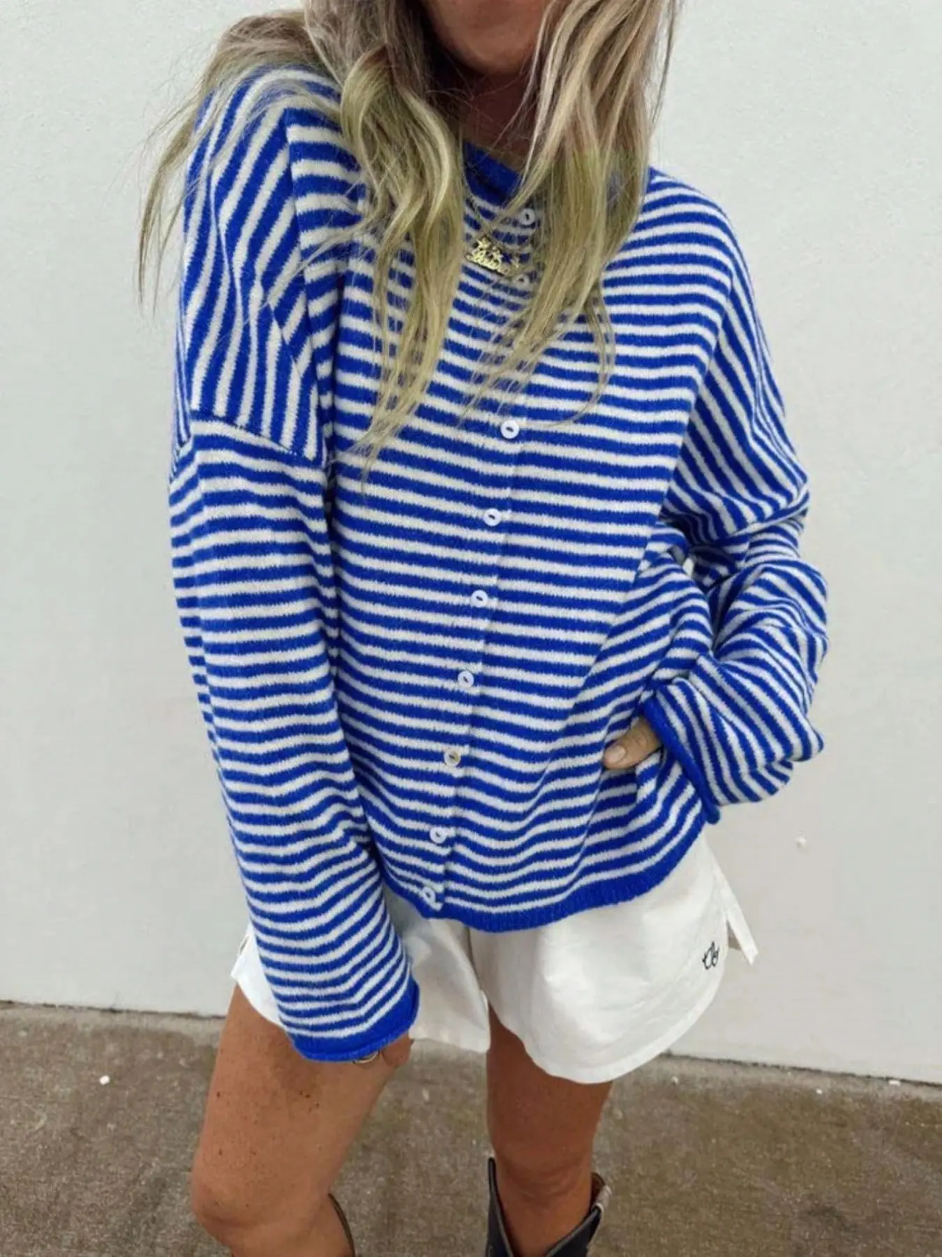 Women's Colorblock Striped Knit Long Sleeves Cardigan, Loose Fit Casual Outdoor Sweater, Early Autumn Soft Style Commute Date Item, Gx2629