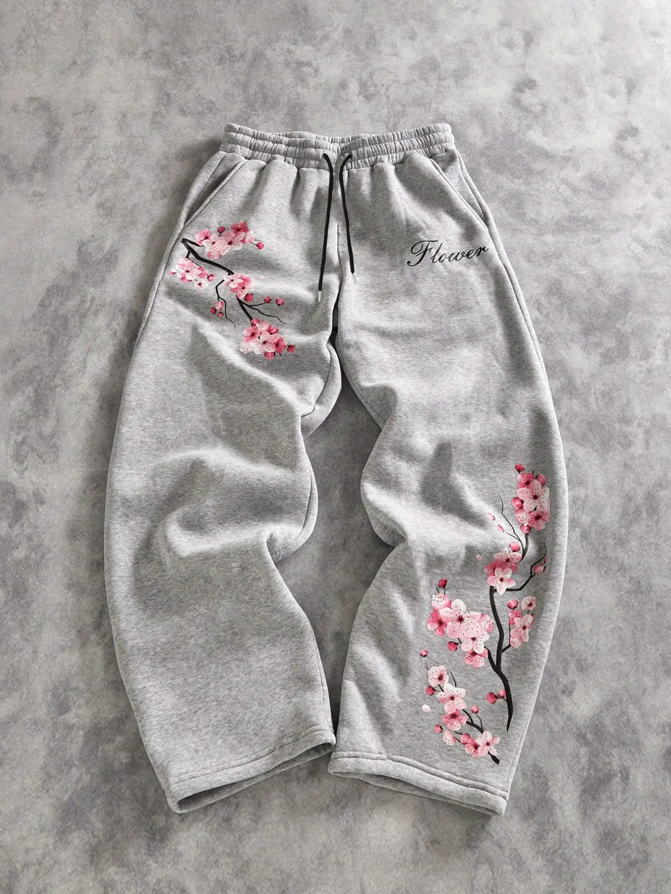 Men's Letter Cherry Blossom Print Floral Drawstring Loose-Fit Pants, Casual Comfortable Long Trousers, Trendy Hip-Hop Style Fashion Pants
