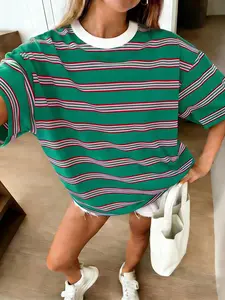 Retro Green Tone Multicolor Stripe Elastic Knit Oversized Crew Neck Tee,Womens Contrast Neck Short Sleeve Loose Casual Preppy Top,Summer Holiday Daily Outfit Viral TikTok Fashion Striped Shirt For Outdoor Trip & Casual Errands Matching Distressed Denim Cu