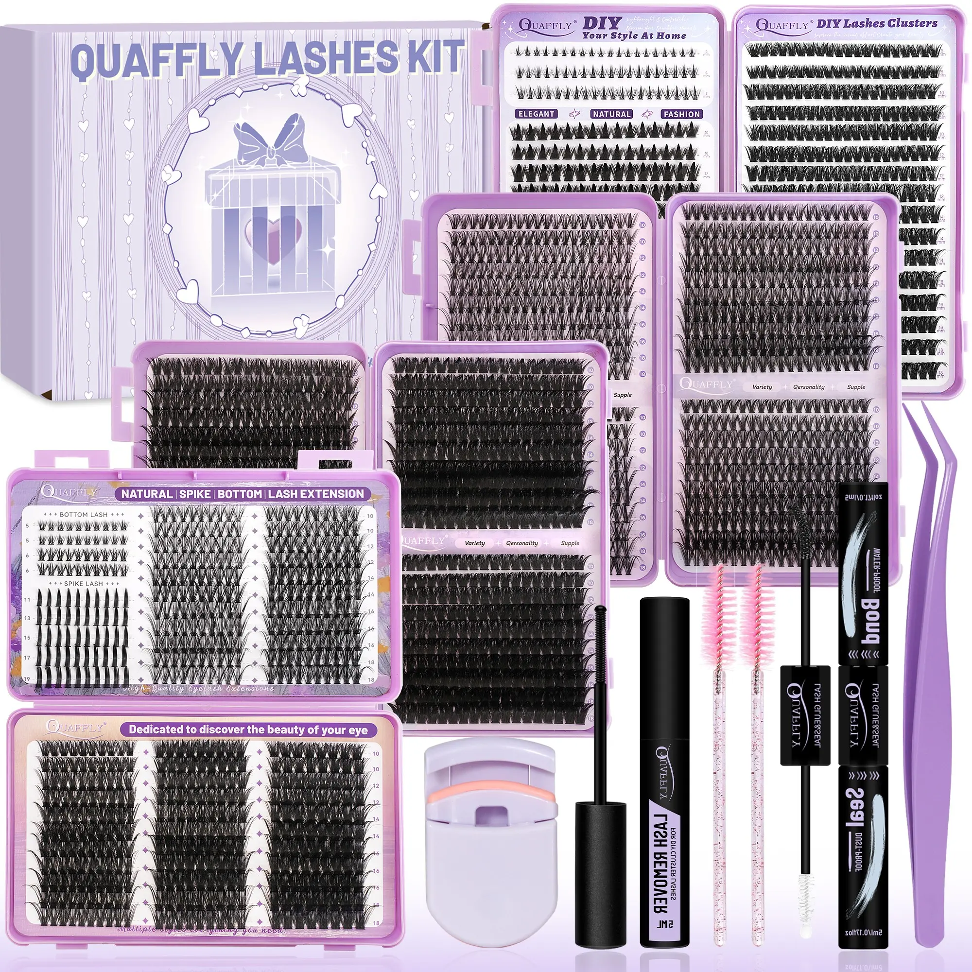 Lash Clusters Kit Volume Lashes Spike Lashes+Bottom Lashes Wispy Lash Clusters Anime Lashes Pack 2617Pcs D Curl Individual Lashes With Lash Bond and Seal Lash Remover Tweezers Lash Curler and Mascara Brush*2