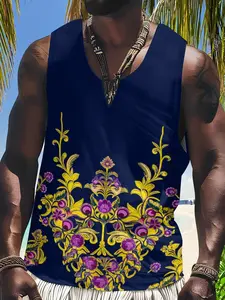Elegant Baroque Print Vest, European Style Pointed Collar, Sleeveless Casual Top, Perfect for Beach Vacations