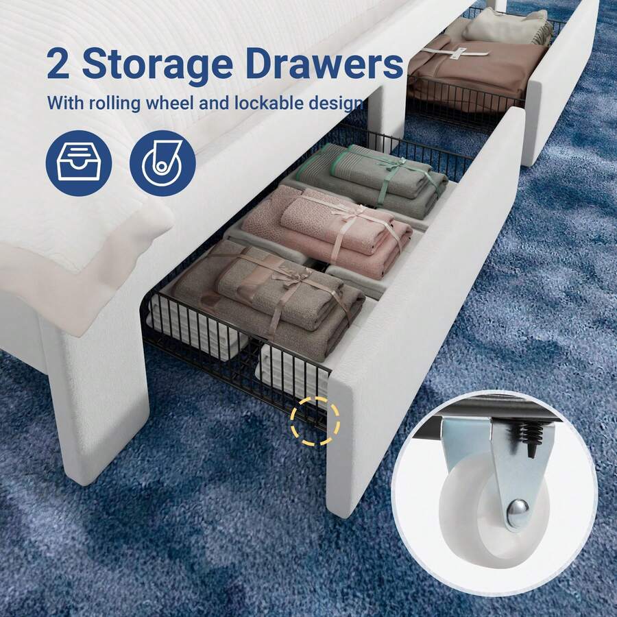 - Full/Queen/King Size LED Storage Bed Frame White, 2-Tier Upholstered Headboard, 2 Storage Drawers, USB & Type-C Charging Ports, Noise-Free, Easy to Use - Full/Queen/King Size LED Storage Bed Frame White, 2-Tier Upholstered Headboard, 2 Storage Drawers, USB & Type-C Charging Ports, Noise-Free, Easy to Use