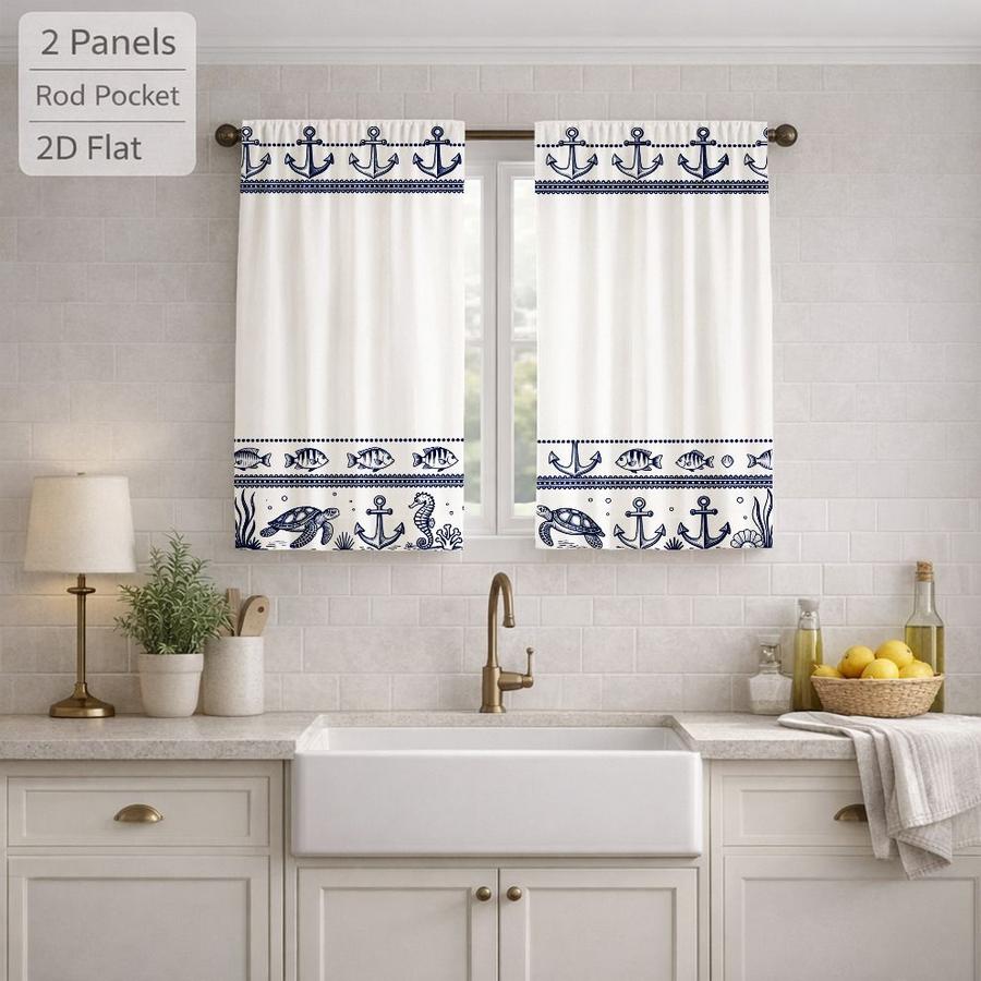 2Pcs Nautical Marine Ocean Anchor Turtle Fish Seahorse Sun Blocking Curtains Digital Printed Rod Pocket, Window Treatment For Bedroom Office Kitchen Living Room Study Home Decor