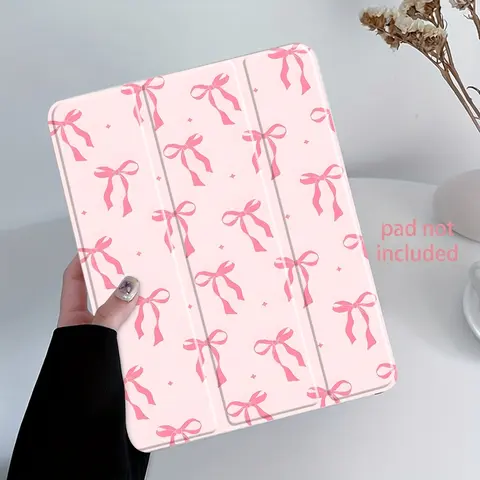 Soft Pink Bow Pattern Design iPad Case, Tablet Casing, Durable Tablet Casing, Transparent Acrylic Stand Cover, Pencil Holder & Charger Slot, Fits iPad Pro/air/mini, Shock-resistant Full Cover Protective Case for Offices, Schools, Homes (Case Only)