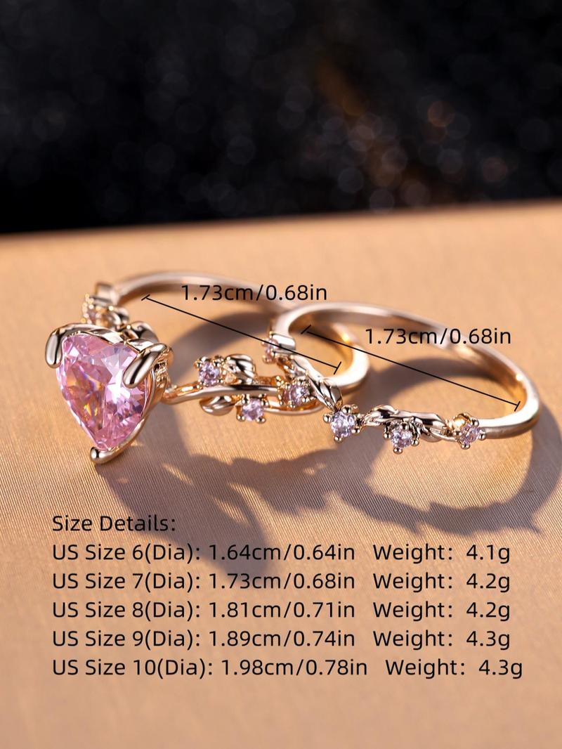 2pcs/set Women's Elegant Artificial Gemstone Decorated Heart Design Ring, Fashion Jewelry For Women & Girls, All-match Accessory, Heart Cluster Ring