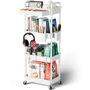 4 Tier Rolling Cart Organizer,Art Craft Diaper Bedside Snack Laundry Room Organizer Thin Slim Rolling Trolley Cart with Wheels for,Office(White)