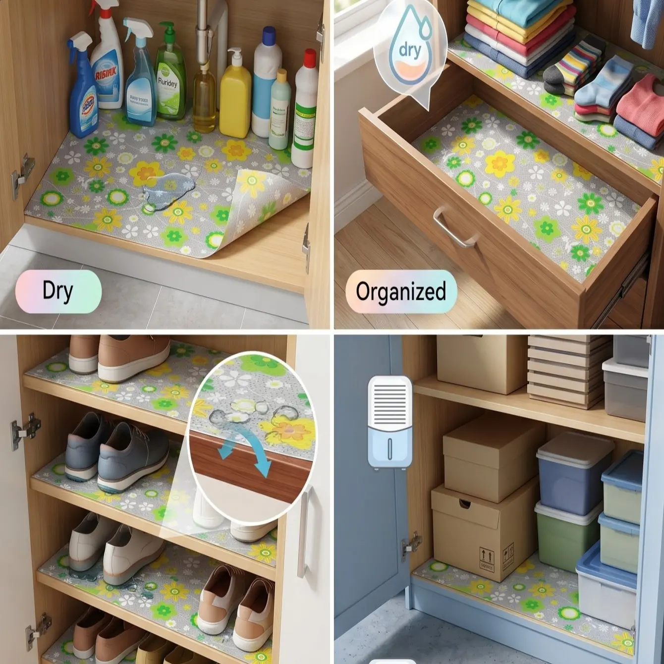 Floral Drawer Liner Pad, Ultra-Thin Moisture-Resistant Customizable Cut, Non-Slip Dustproof for Kitchen Fridge Closet Bathroom, Flower