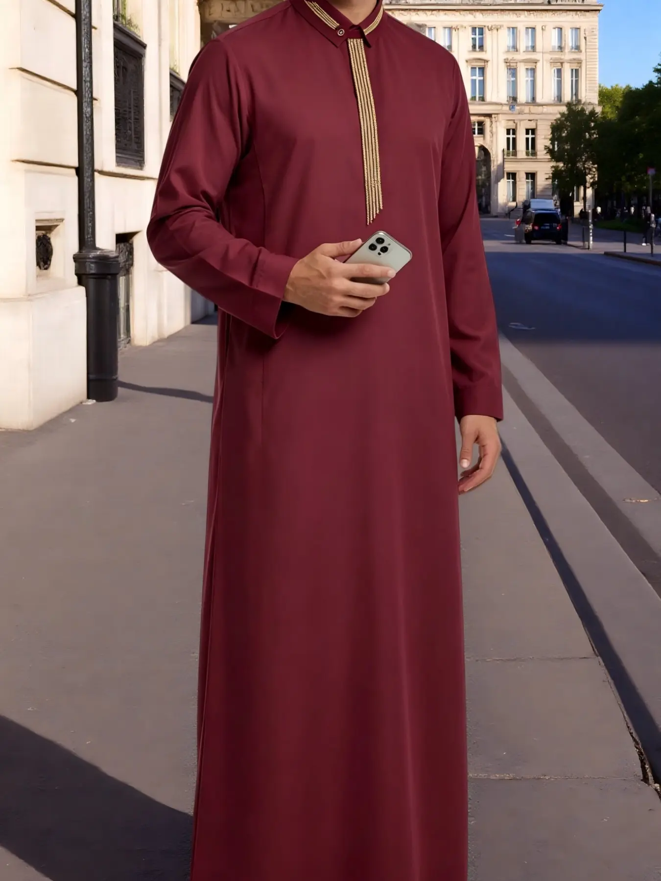 Islamic Muslim Arab Casual Men's Long Robe, Arab Thobe, Long Sleeve Embroidered Stand Collar, Traditional Wedding Attire, Wine