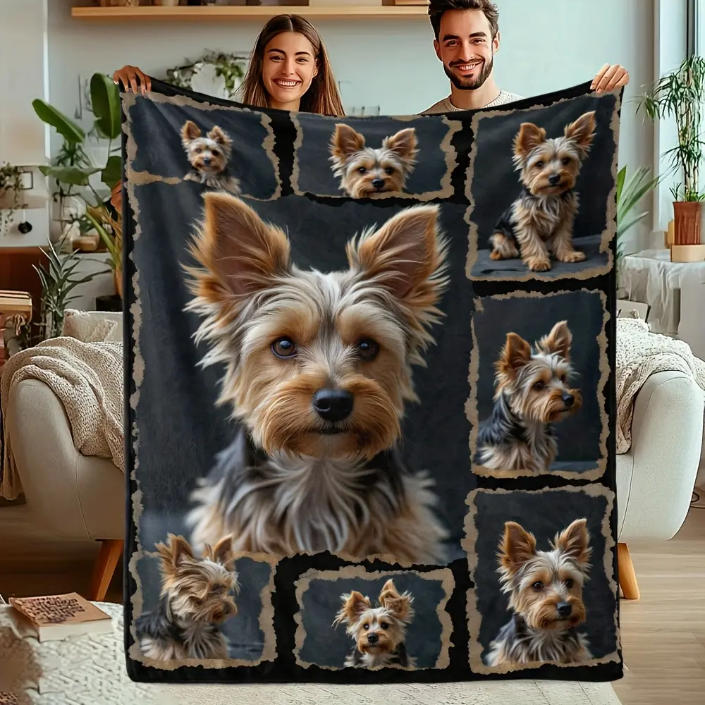 1Pc Of A Cozy Throw Blanket Featuring A Collage Of Yorkies - Made From Soft Flannel Fabric With A Vintage-Style Yorkshire Terrier Design, This Multi-Colored Blanket Is Suitable For All Seasons And Can Be Used On A Couch, Sofa, Bed, In The Office