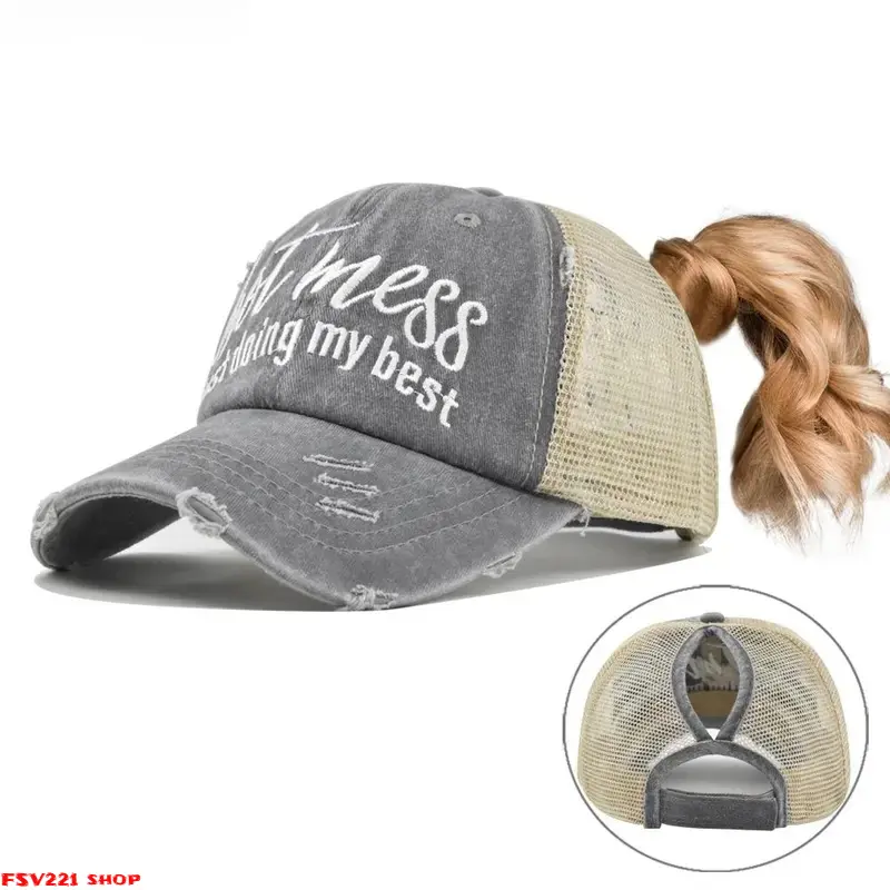 Women's Distressed Baseball Cap with Ponytail Opening, Western-Style Embroidered Sporty Sun Cover Accessory, Accessories For Women Adjustable Distressed Baseball Cap "Hot Mess Just Doing My Best" Slogan Cap for Women