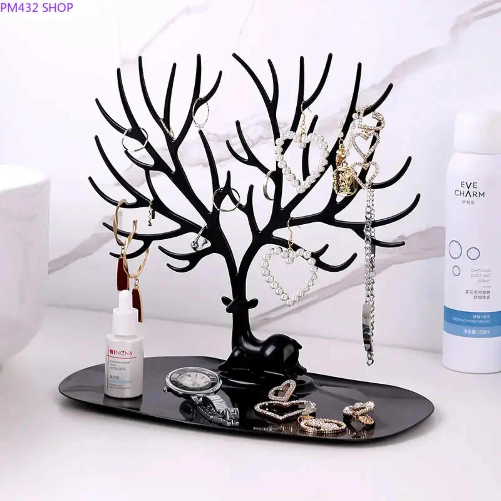 Antler Deer Jewelry Organizer Stand – Decorative Earrings & Necklace Holder, Multi-Functional Vanity Storage Tray for Rings, Bracelets, Watches & Cosmetics, Elegant Bedroom Dresser Decor