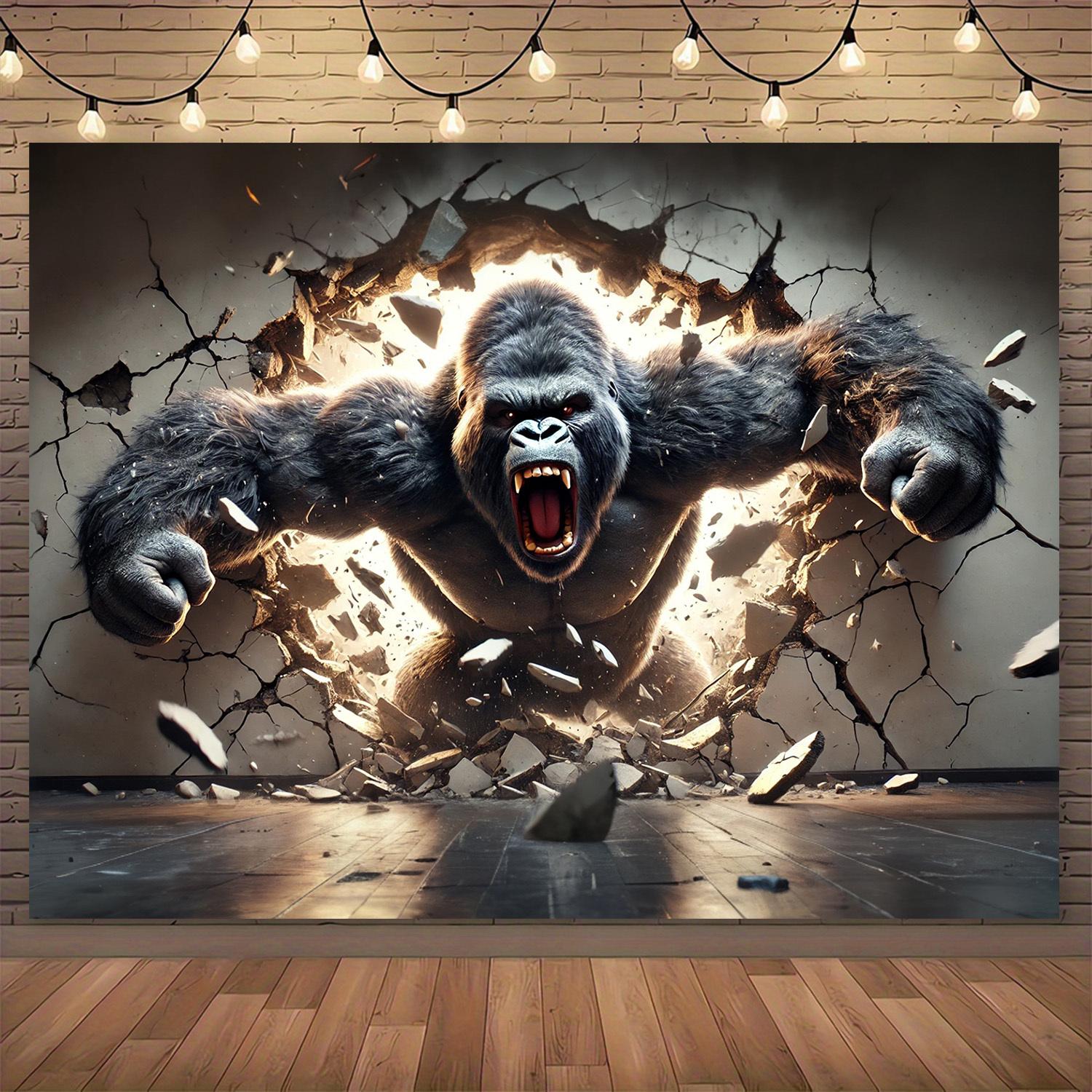 3D Dynamic Gorilla Wall Tapestry, Large Polyester Hanging Fabric, Animal Theme Peach Skin Velvet, Indoor Wall Art for Living Room Bedroom Office Home Party Decor,