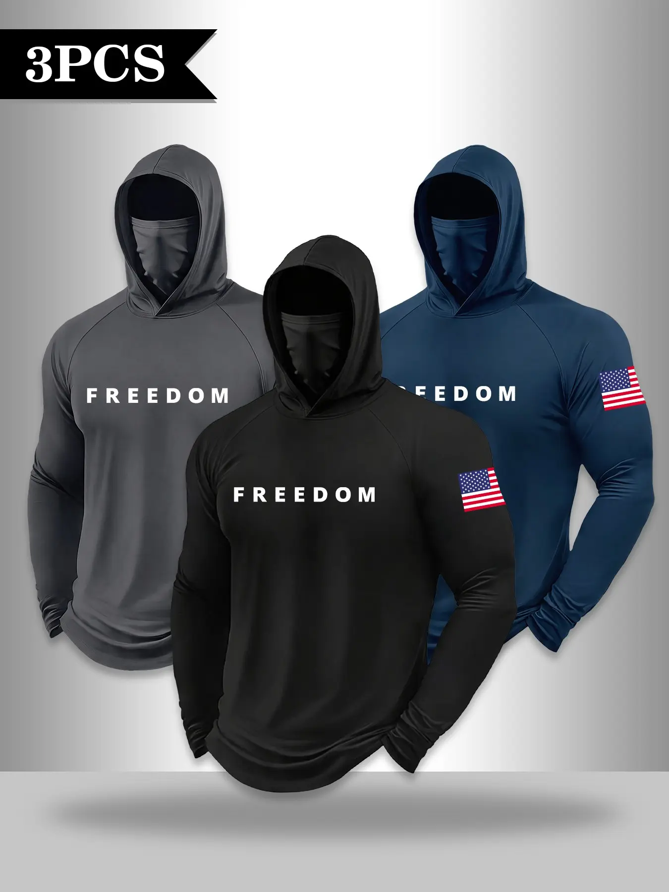 3-piece men's hooded long-sleeved T-shirt with mask - FREEDOM letter logo - American flag - outdoor sun protection clothing
