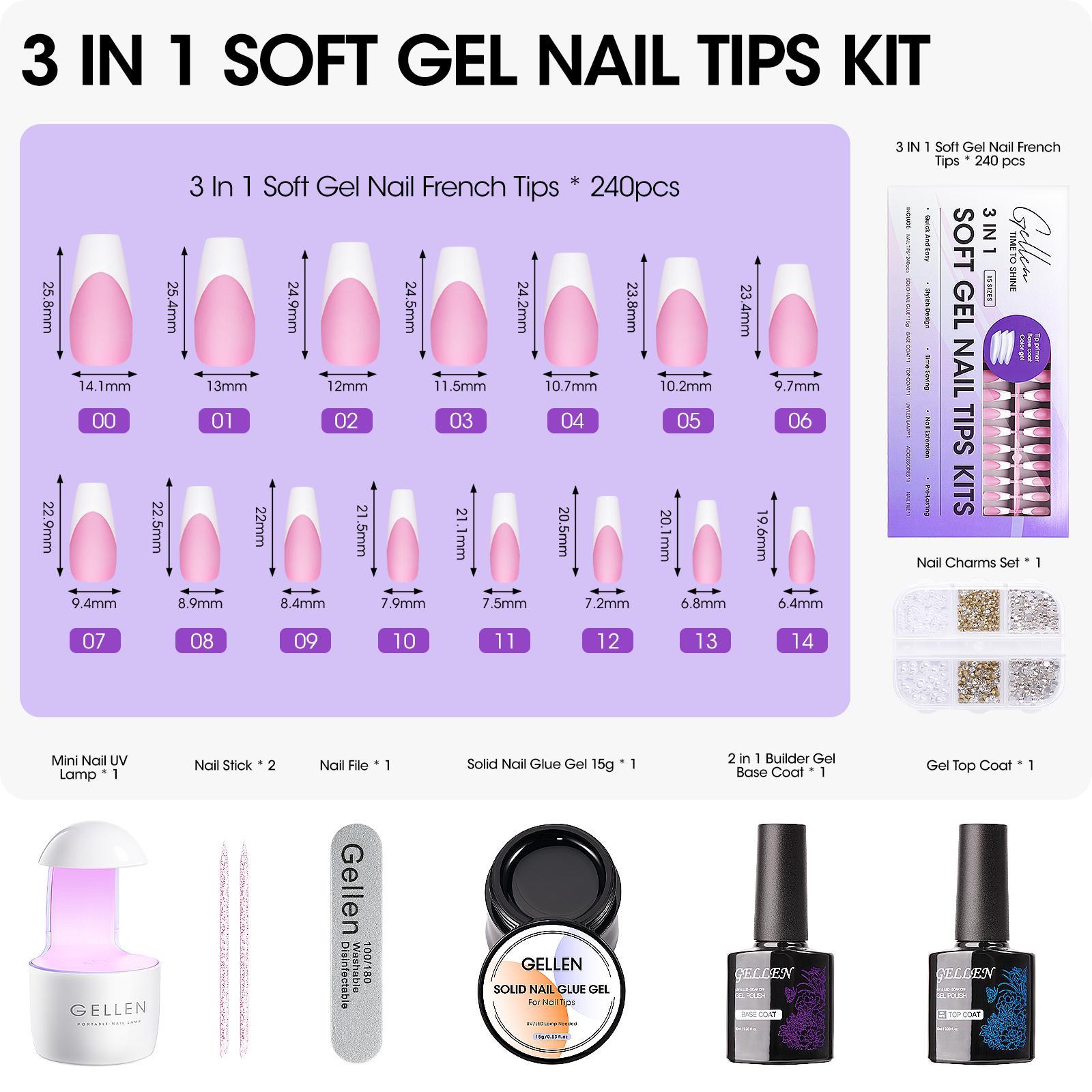 Gellen Complete French Tip Nail Kit – 240pcs, Gel top coat & base coat, UV lamp, Solid Nail Glue Nailartkits Polishset
