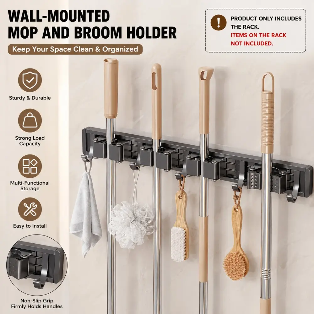Heavy-duty Metal Mop and Broom Storage Rack, Wall-mounted Tool Hanger with Adjustable Hooks, Cleaning Organizer Rack, Space-saving Storage Holder for Kitchens, Bathrooms, Garages and Laundry Rooms
