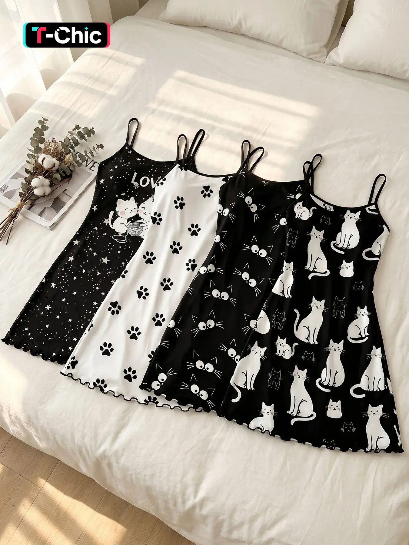 Women's 4 Pack Slip Nightgowns, Spring Summer Wear, Kawaii Cartoon Cat Paw Print Ruffle Hem, Cute Playful Style, Adorable Casual Sleep Dress for Women