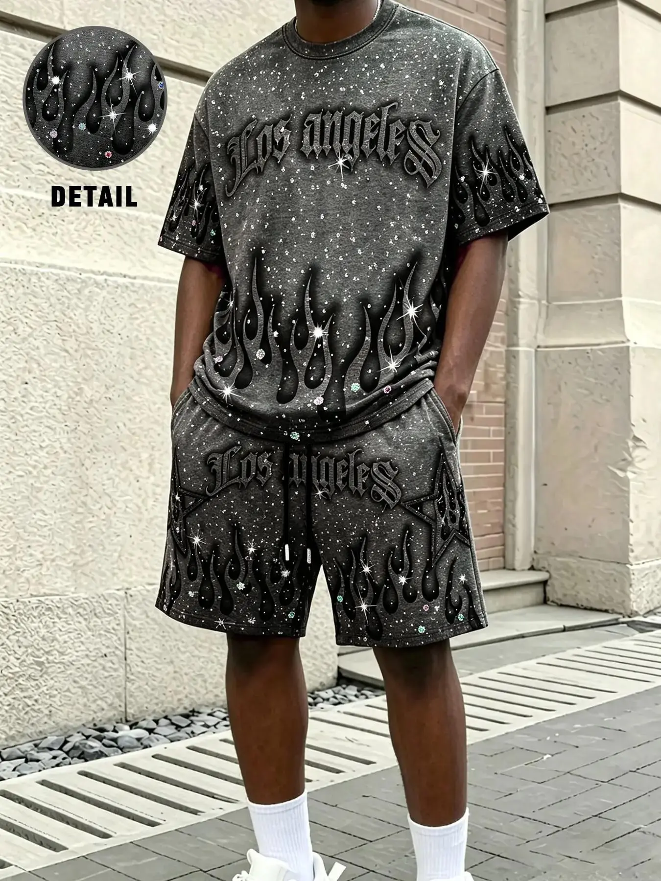 Los Angeles Flame Rhinestone Two-Piece Set Outfit, Distressed Loose Fit T-Shirt + Shorts, Y2K Millennium Street Style, Casual Fashion, Man