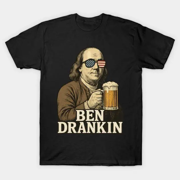 Men's 100% Cotton Knitting Ben Drankin Patriotic Beer Bottle & American Flag Graphic T-Shirt - Funny 4th of July Benjamin Franklin Slogan Short-Sleeve, Casual Round Neck Streetwear Top