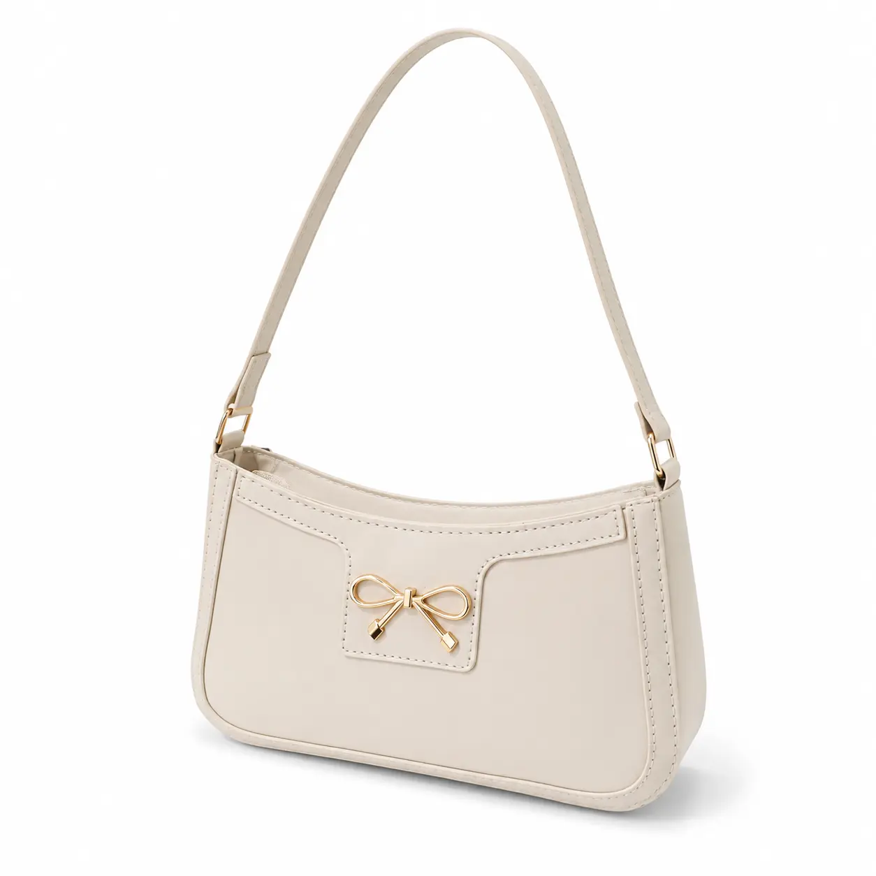 Chic Small Shoulder Bag Soft Everyday Essential Baguette Handbag Urban Minimalist Bow Stitching Detail Synthetic Leather Cute Purse For Women Daily Wear Black Pink Brown White Khaki Rose Red