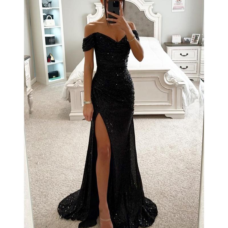2026 Party Sequin Off-Shoulder Split  fluffy   Formal Womenswear dress Champagne Basic