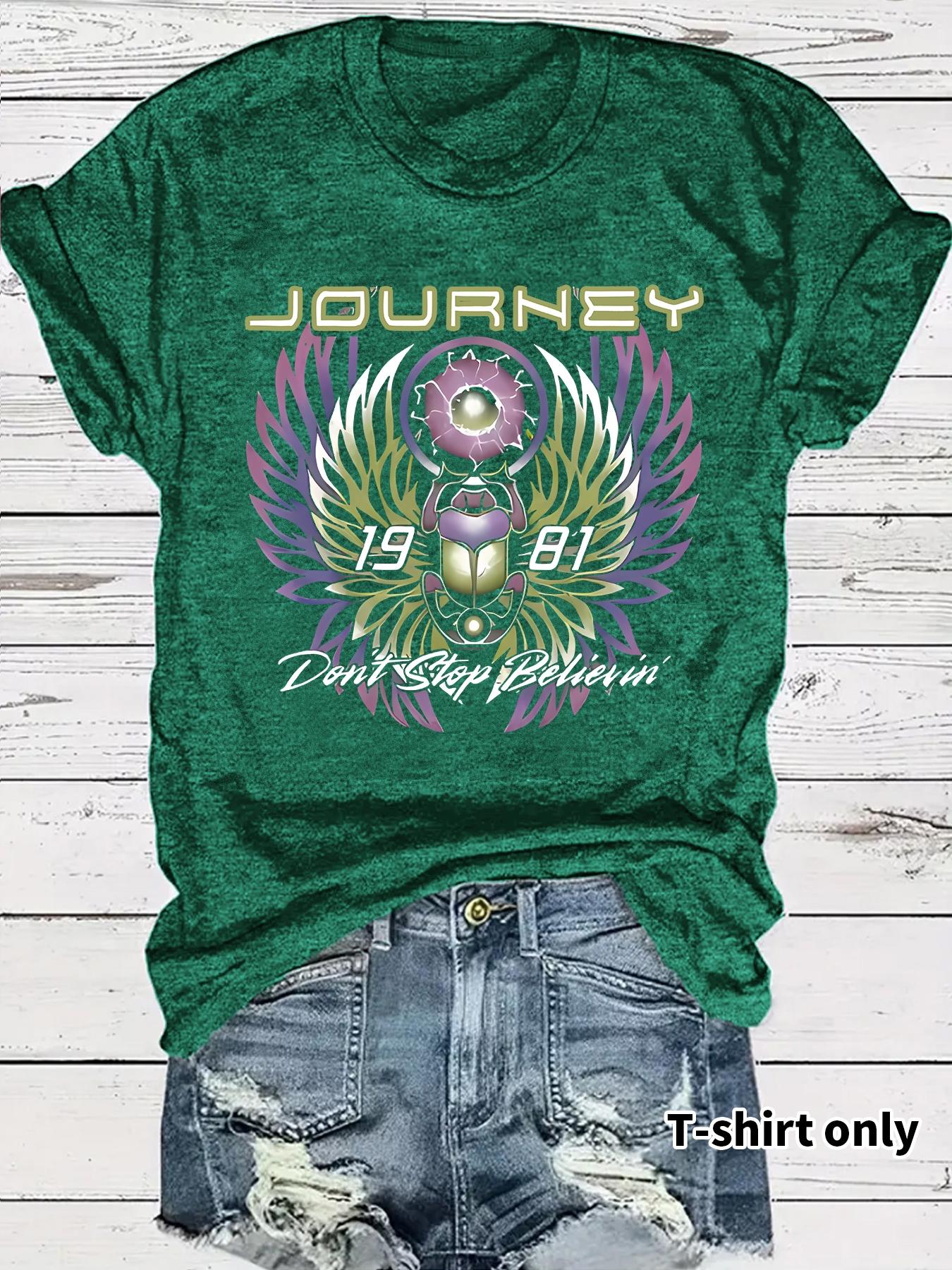 Women's Journey Don't Stop Believin' Print Round Neck Graphic Tee, Vintage Trendy Casual Short Sleeve Crewneck T-shirt for Daily Wear, Ladies Summer Outfit