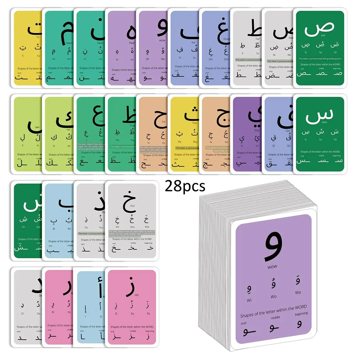 28pcs Arabic Alphabet Flashcards for Beginners, Bilingual Flash Cards, Letter Flash Cards, Arabic Language Learning Tool for Arabic Script Recognition, Arabic Writing & Reading Learning Aid Cards, Vocabulary Flashcards