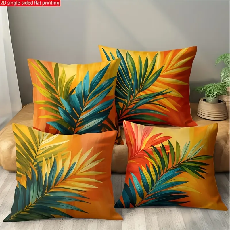 4pcs Tropical Palm Leaf Cushion Covers Suitable for Sofa Bed Chair Decor, Turquoise Green/Orange/Mustard Yellow & Teal Blue Monstera Pillowcases with Zipper Closure, Double-Sided Print Modern Palm Leaf Pattern for Furniture