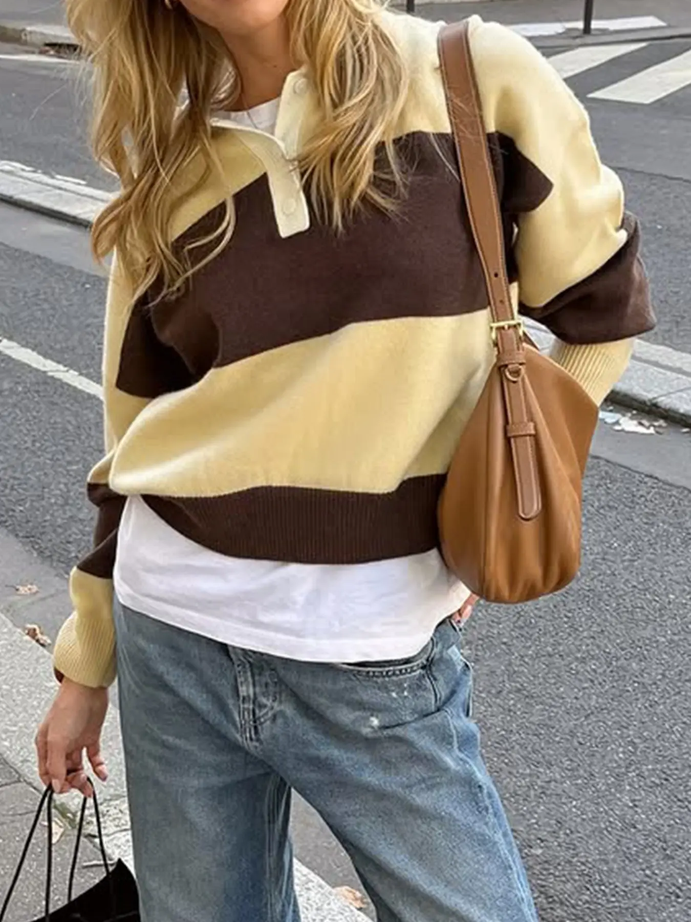 Wide Striped Colorblock Polo Half-Button Short Knit Sweater, Vintage Casual Drop Shoulder Loose Turn-Down Collar Striped Knit Top, American Retro Street Style