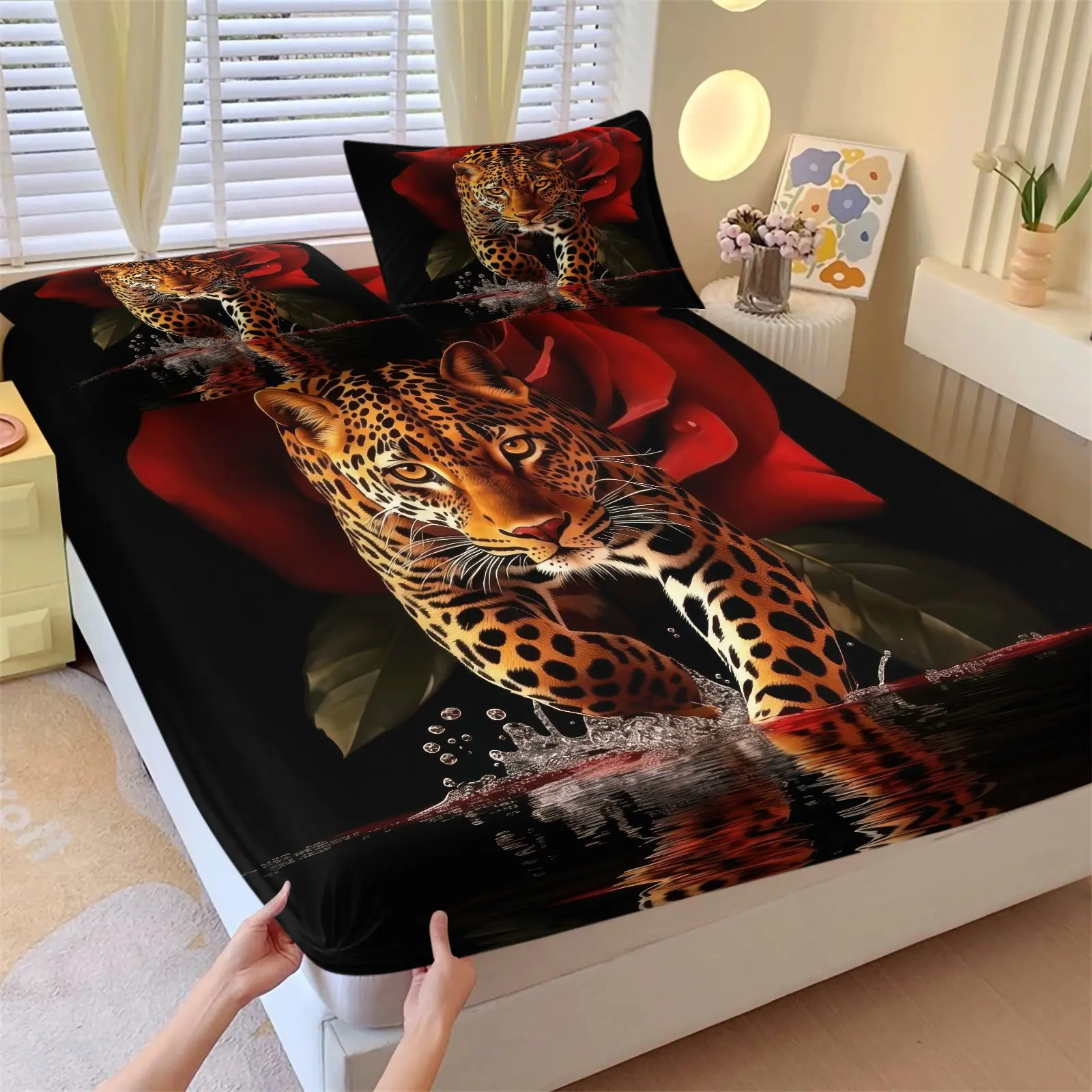 3PCS Leopard Red Rose Water Reflection Fitted Sheet Set (1 Fitted Sheet + 2 Pillowcases),Soft Wrinkle Resistant Breathable Fabric,Deep Pocket Anti-Slip Full Wrap Design,Wild Animal Glam Bedding For Teen Bedroom & Dorm