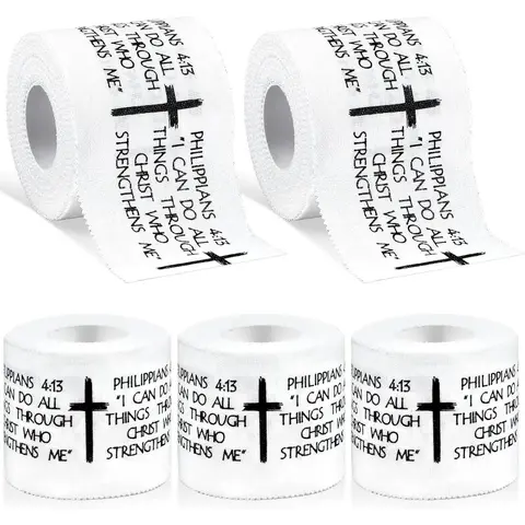 Christian Cotton Zinc Oxide Athletic Tape (2in x 23ft, 5roll Supply) - Quick Tear Edges, Faith Verse Reminder, Cross Design, Wrist Wraps for Football Athletes, First Aid Injury Wrap, Volleyball Gear