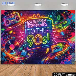 2D Flat Banner 1pc, 90s Retro Hip-Hop Graffiti Party Backdrop Suitable for Indoor/Outdoor - Vintage Caste Tapes Roller Skates & Boombox Decor with Splatter Background - No Assembly Durable for 90s Themed Photo Backgrounds Stage De