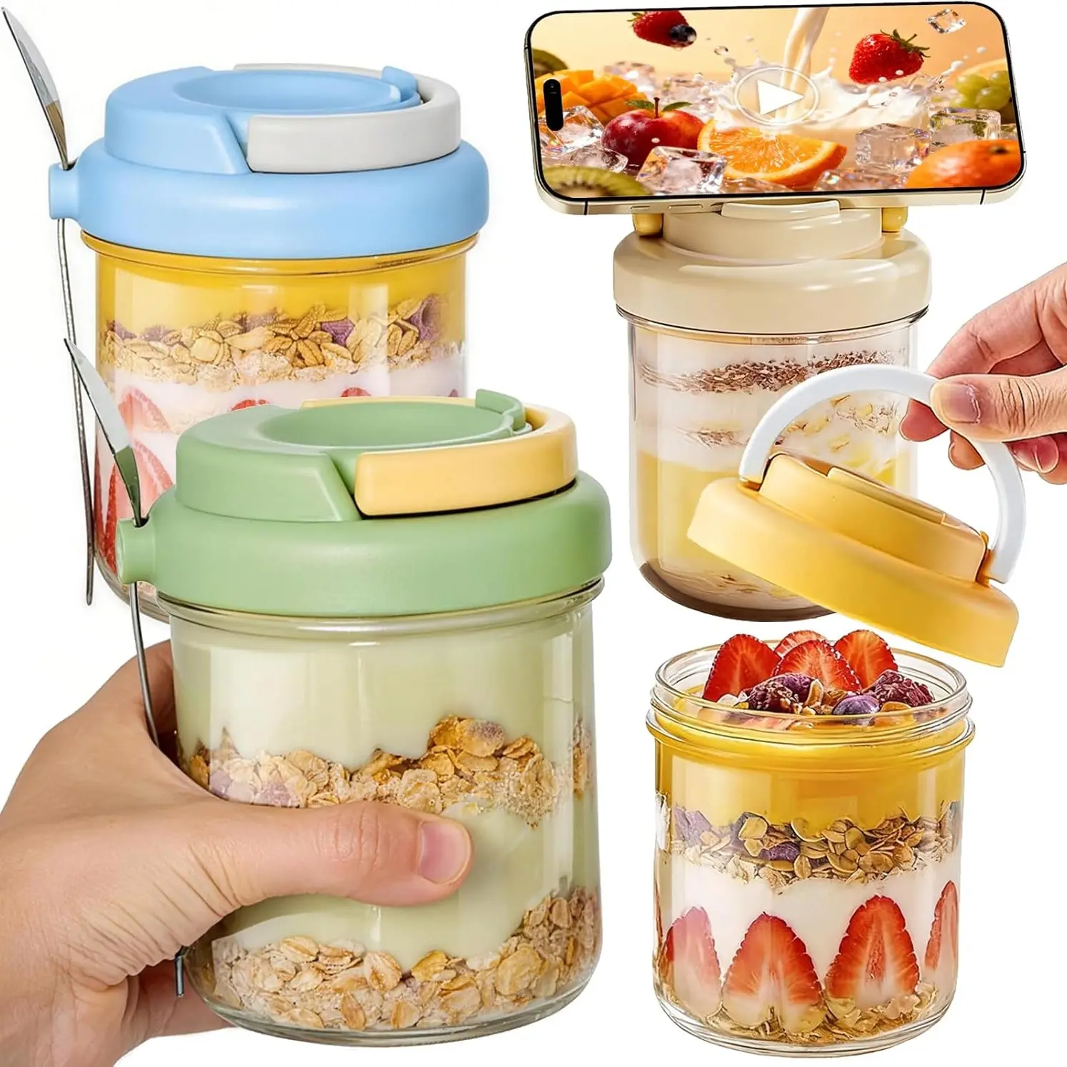 Set of 4 Overnight Oatmeal Jars with Lids and Spoons. Glass Mason Jars with Leak-Proof Seals. Ideal for Storing Oatmeal, Yogurt, Chia Seed Pudding, Salads, Meal Prep, And More. Includes 4 Colorful Lids that Double as Phone Stands, BPA-free.