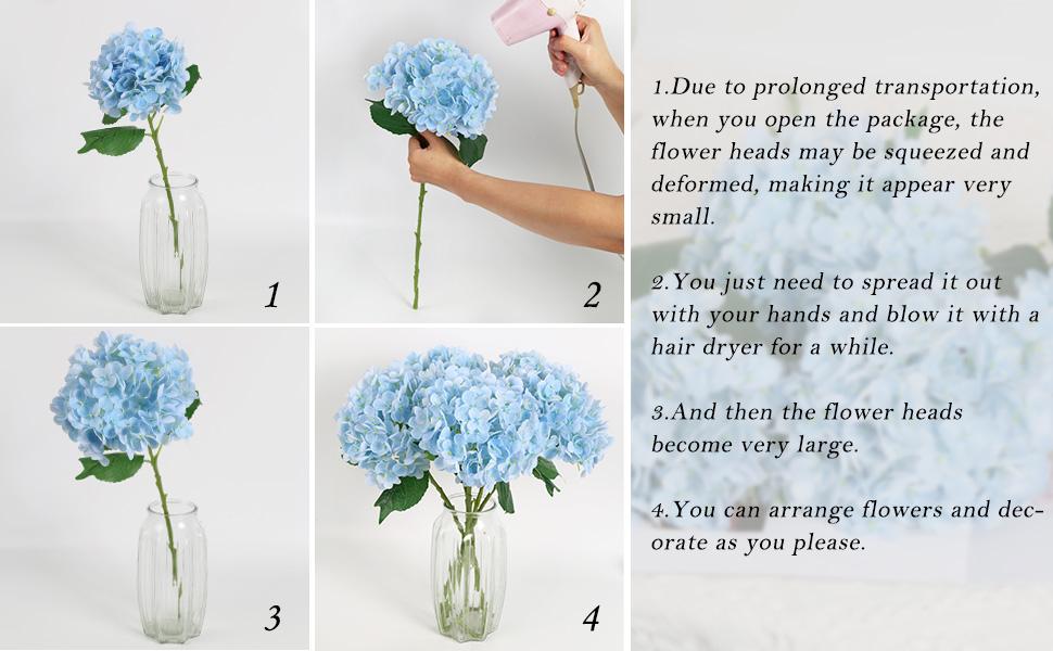 4PCS Real Blue Hydrangea Artificial Flowers 21'' Large Latex Fake Hydrangea Flowers Faux Hydrangea with Stem for Wedding Home Table Centerpieces Indoor Baby Shower Decorations (Blue)