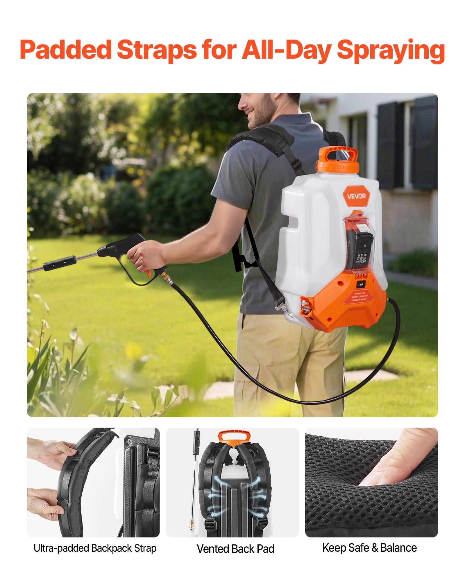 VEVOR Battery Powered Backpack Sprayer, 4 Gallons Electric Backpack Sprayer, 2 Wands & 8 Nozzles, Adjustable 0-90 PSI, 4H Runtime, Portable Yard Garden Lawn Sprayers for Weeding Spraying Cleaning