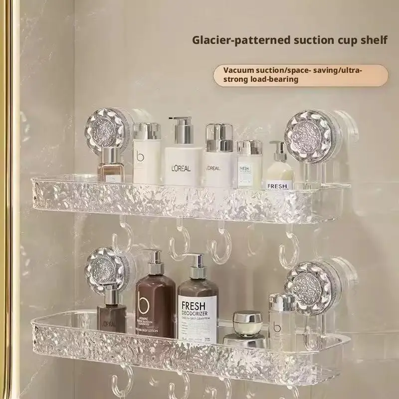 1pcs Bathroom Suction Cup Shelf with Hooks, Luxury Glacier Pattern, No Drilling, Waterproof, for Bathroom and Kitchen, Home Daily Use