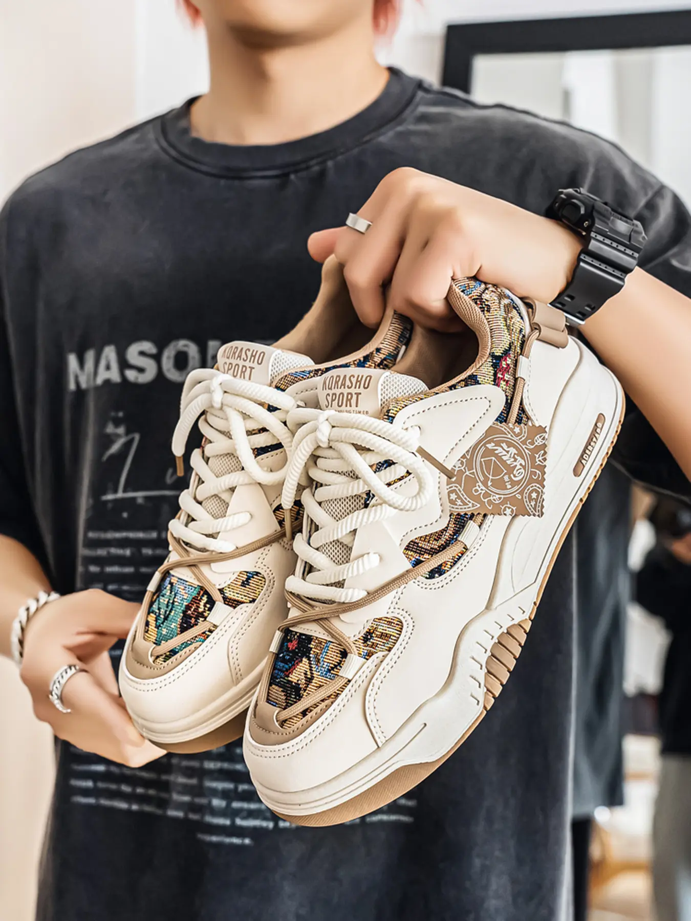 Men's shoes new four seasons all-match niche thick-soled skateboard shoes breathable casual sports contrast color cloth trendy shoes, Artistic Streetwear Shoes