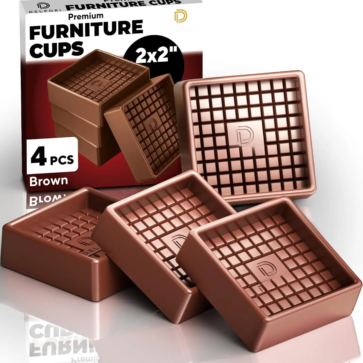 4 count Non Slip Furniture Pads - Furniture Cups to  Sliding for Couch, Bed, Chair -  2x2 Anti Skid Stoppers for Hardwood, Tile Floors -  Coasters that Fit Any  Shape (Brown)