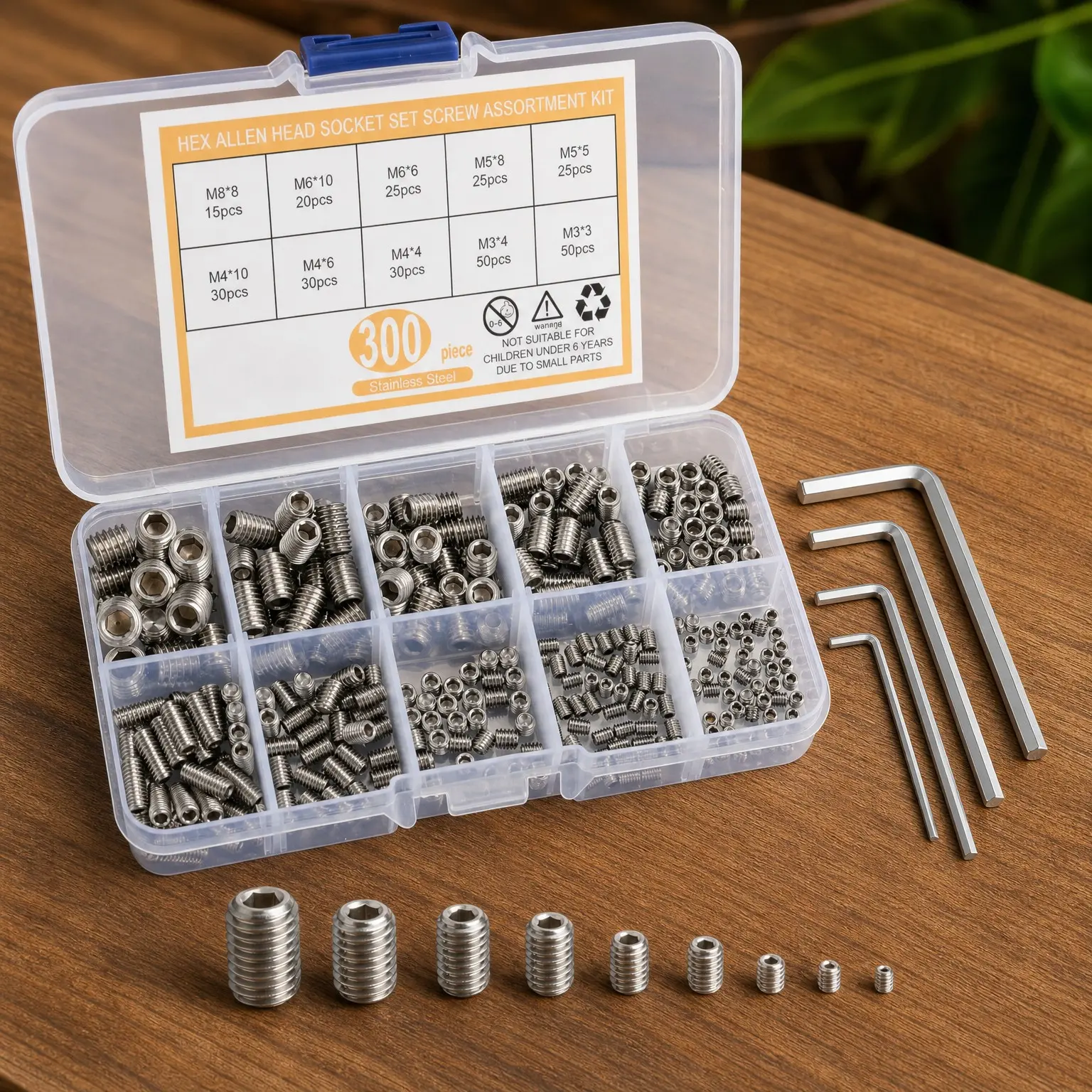 300 Pcs Stainless Steel Hex Socket Head Screws Assortment Kit, Metric M3 M4 M5 M6 M8 Grub Screws Set for Door Handles and Light FixturesGift