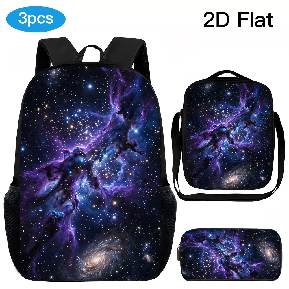 3pcs Unisex Large-capacity Backpack Set, Dreamy Starry Sky Style, Purple-blue Nebula Pattern, 2D Printed Design, Adjustable Shoulder Straps, Zipper Closure, Multifunctional Portable Fashionable Backpack, Crossbody Bag, and Pencil Case