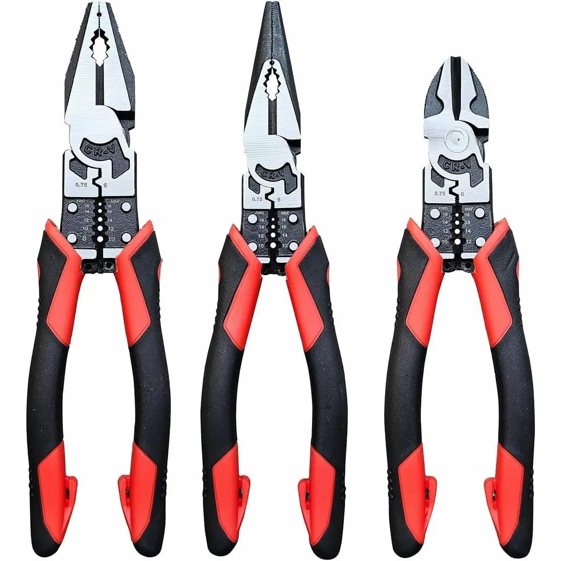 3 count Combination Pliers Set, 9 In 1 Multifunction Electrician Tool, 8.5" Long Nose, 8.5" Linemens, 8" Diagonal  Wire Stripper/Heavy Duty Side-Cut (Red/Black)