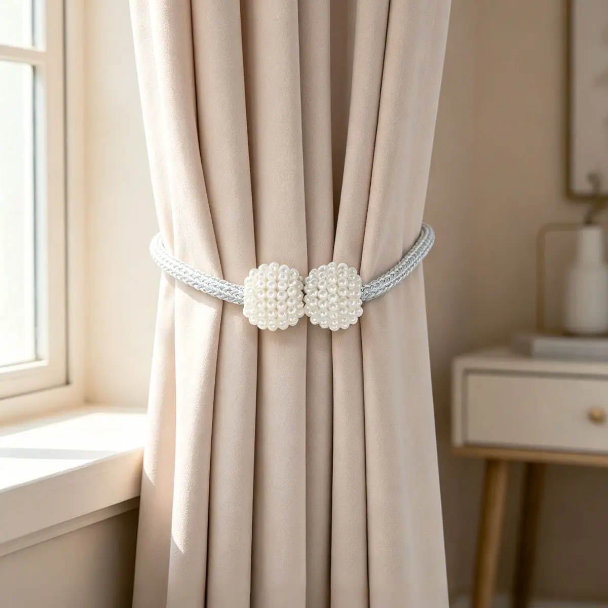 Magnetic Pearl Curtain Tiebacks, Dual Round Pearl Design, Braided Rope No-Drill Magnetic Clip, Luxury French Style Curtain Gathered Bands