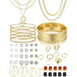 56 Pcs Gold Jewelry Set: 10 Layered Necklaces, 12 Bracelets, 4 Hoop Earrings, 8 Stackable Rings, 10 Hairpins, 12 Stud Earrings