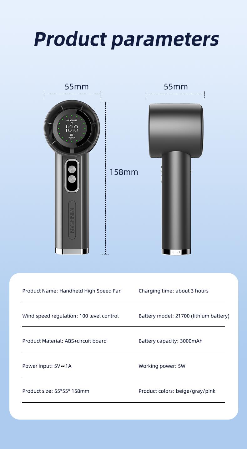 Portable Handheld Turbo Fan, 100-Speed Stepless Adjustable, 13000RPM High-Speed Motor, 7.6m/s Powerful Airflow, USB Rechargeable Mini Fan with LED Digital Display, Long-Lasting Cooling for Travel, Office, Outdoor Activities, Summer Gift