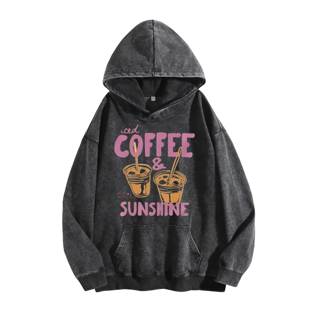 Holafish Women's "Iced Coffee & Sunshine" Print Acid Wash Hoodie, Essential for Coffee Lovers, Vintage 2025 Sweatshirt, Oversized Loose Fit, Winter Warm Streetwear Casual Pullover Hoodie