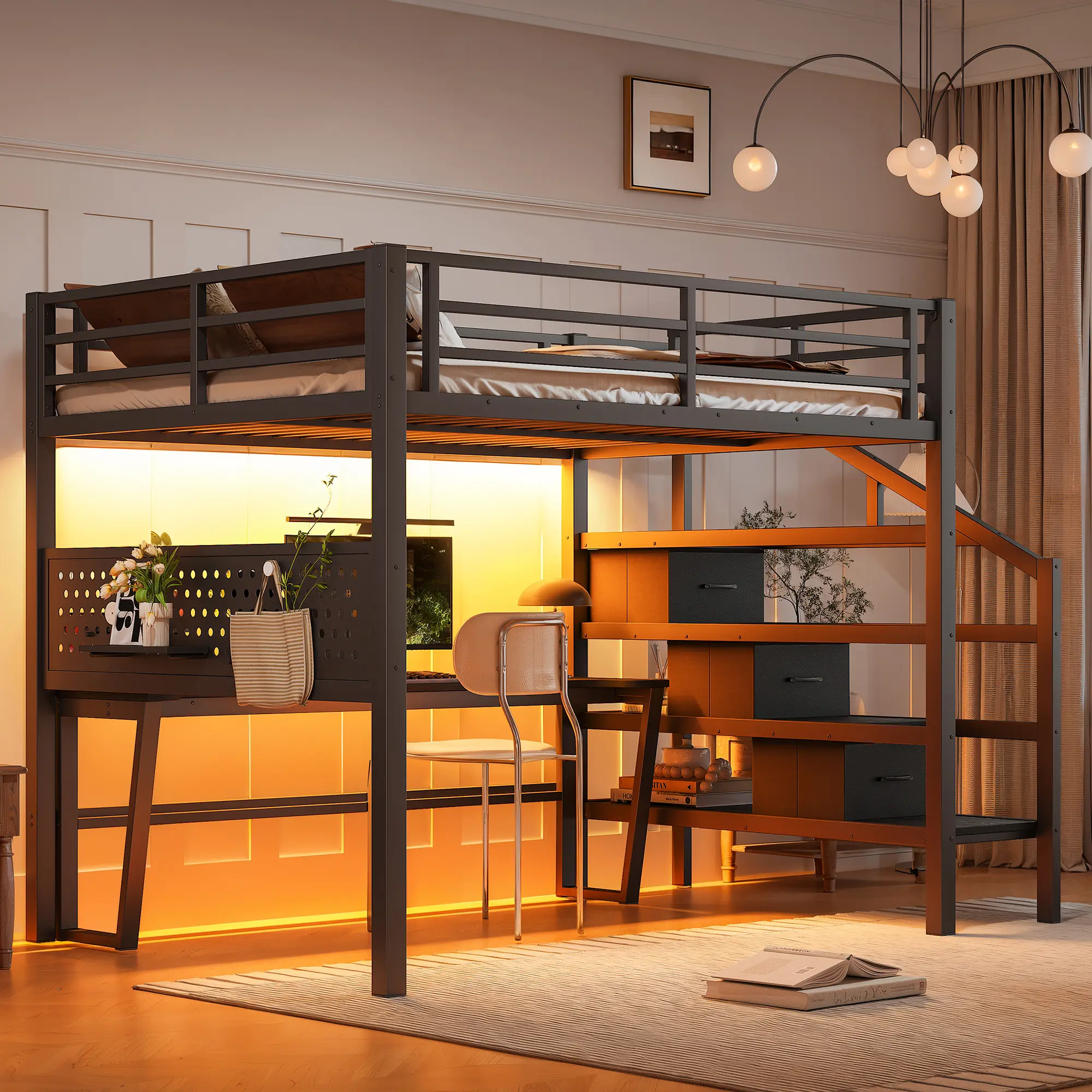 ARCH Full Size Metal Loft Bed with Storage Stairs, Movable Desk with USB, LED, 3 Fabric Drawers, Pegboard, Full-Length Guardrail, Black MDF+Metal Frame for Kids Teens Bedroom, Space-Saving Multifunctional Loft Bed, Full Size Options