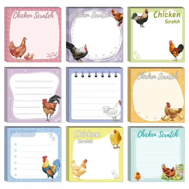 9 Packs Cute Chicken Sticky Notes, Fun Rooster and Chick Themed Self-Adhesive Compact Memo Pads, 3x3 Inches Square Cartoon Animal Scratch Pads for Office School Supplies (450 Sheets Total)