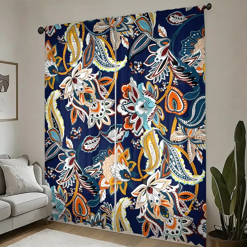 2 Panels Paisley Floral Blackout Curtains, Navy Blue Vintage Bohemian Flower Window Drapes, Thermal Insulated Light Blocking Curtains for Bedroom Living Room Home Decor, Art Style Curtains