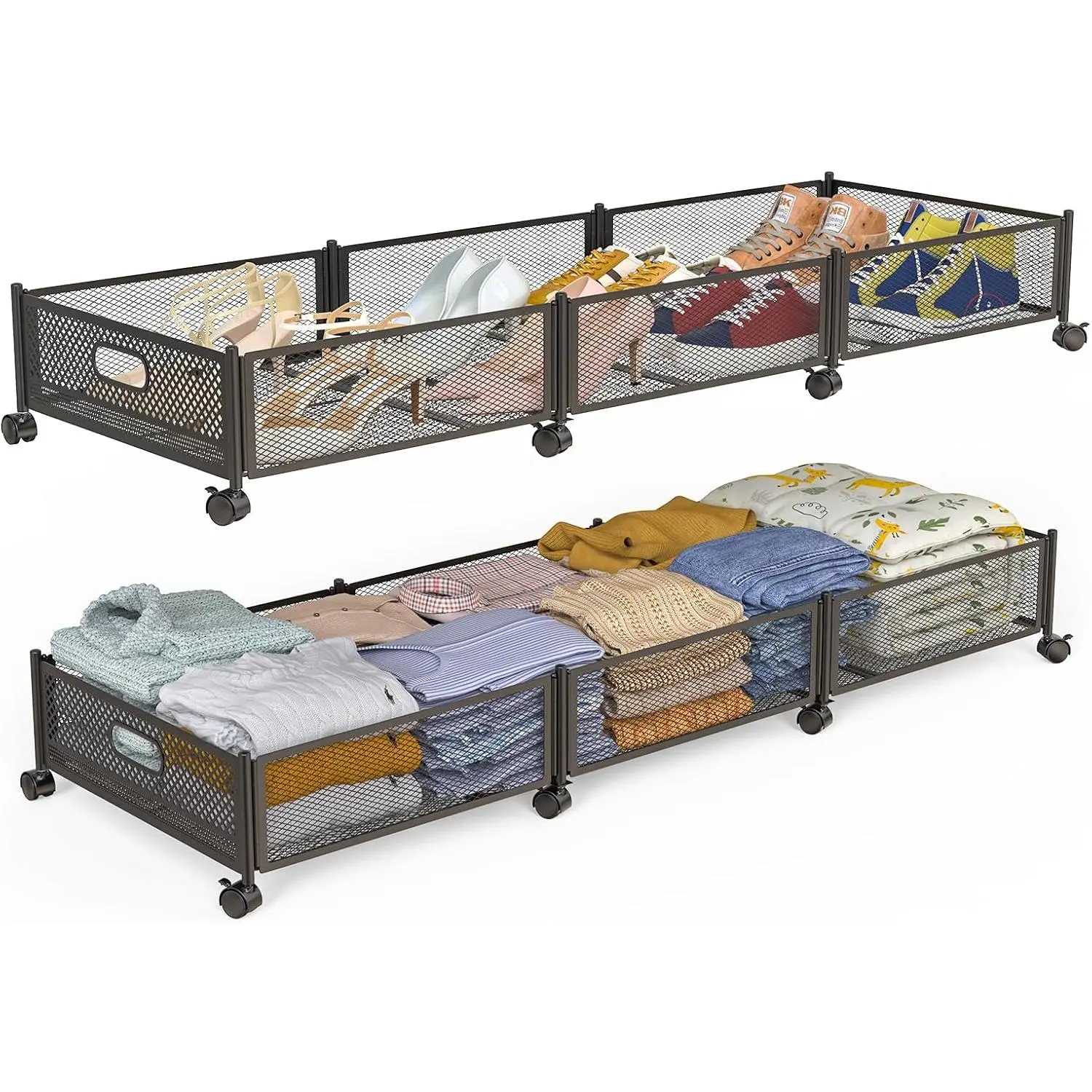 Under Bed Storage With Wheels, 47.2''/90lbs/57.6L, Metal Frame Under Bed Rolling Storage, Tool-Free Assembly Underbed Drawers, Underbed Organizer Containers for Shoes, Clothes and Toys (2 Pack)