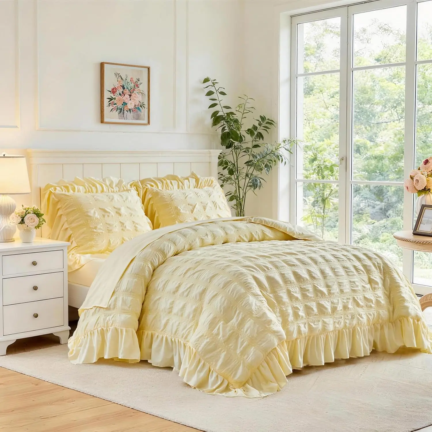 Yellow  Seersucker Comforter Set with Ruffled Fringe  Size, 3 count Lightweight Soft   Bedding Set for  , Elegant Bed Set with Ruffle Shams (Yellow, )